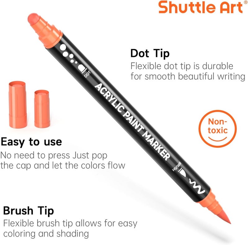 Shuttle Art 28 Colors Dual Tip Acrylic Paint Markers, Brush Tip and Dot Tip Acrylic Paint Pens for Rock, Ceramic, Wood, Canvas, Plastic, Glass, Stone, Calligraphy, Card Making, Crafts & Nail Art - Image 3